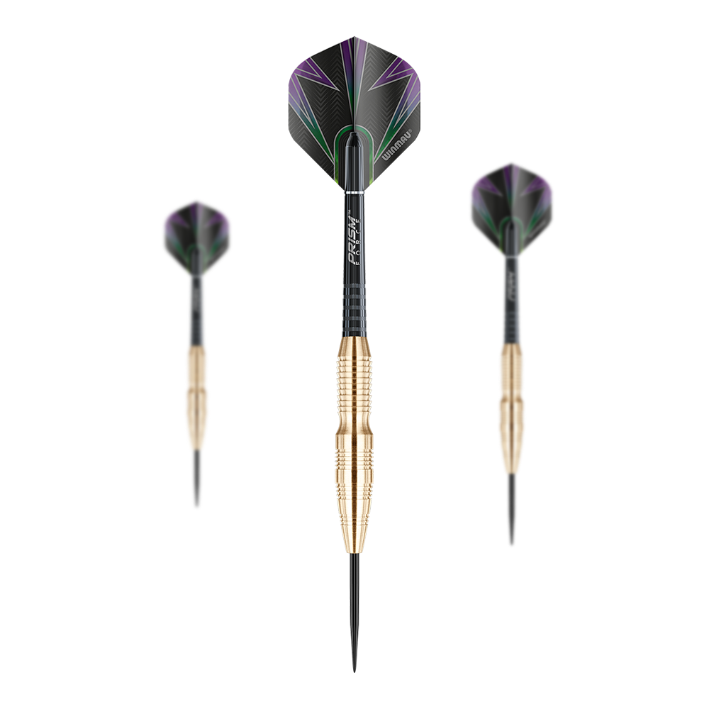 Das Bild zeigt drei Winmau Simon Whitlock Brass Steeldarts. Die Darts haben goldfarbene Griffe und schwarze Flights mit lila und grünen Akzenten.